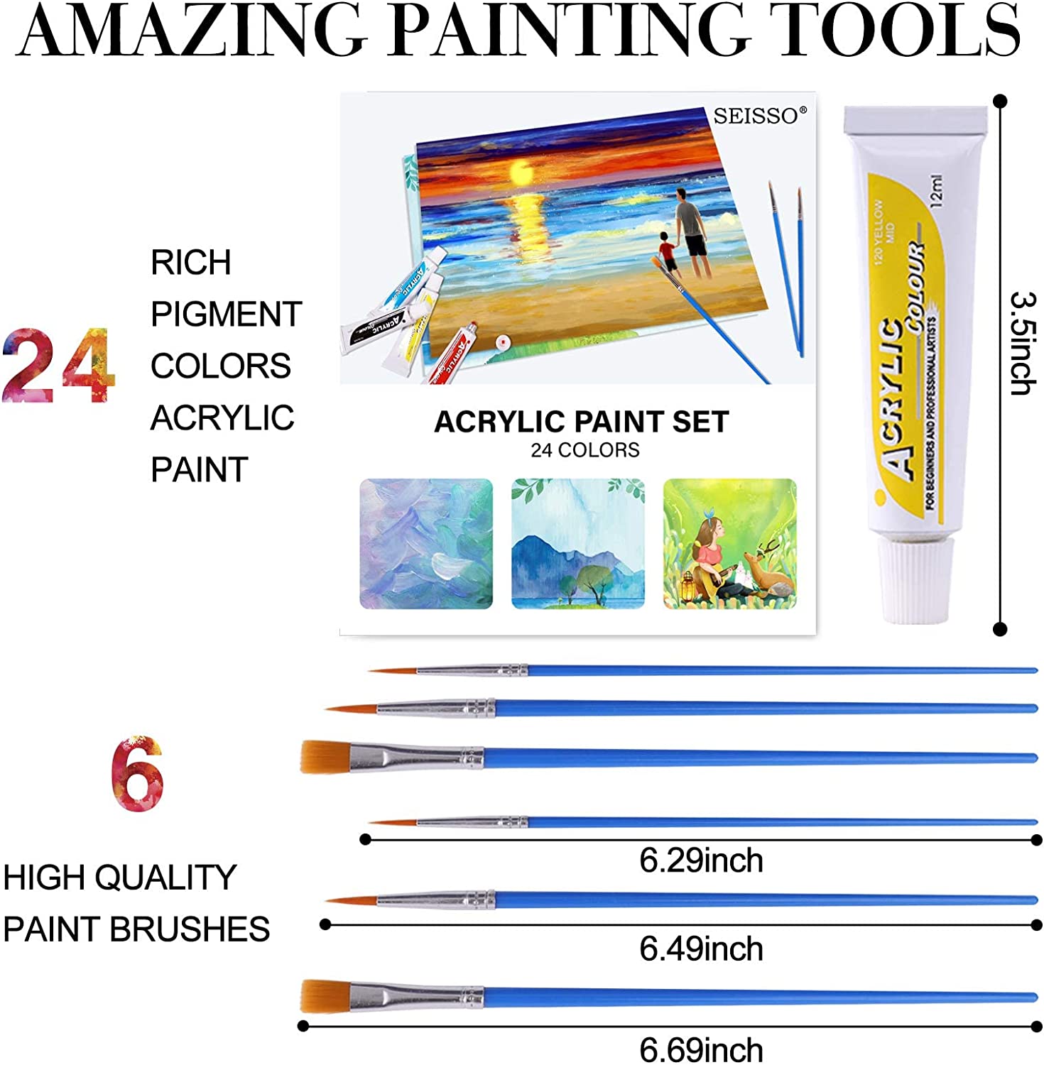 Acrylic Paint Set 24 Colors Tube Painting Kit with 6 Brushes for Painters  Artists Kids Adults, Non-Toxic for Canvas, Wood, Ceramic, Fabric, Rocks,  Models, Arts Crafts, Kids Christmas Gift 